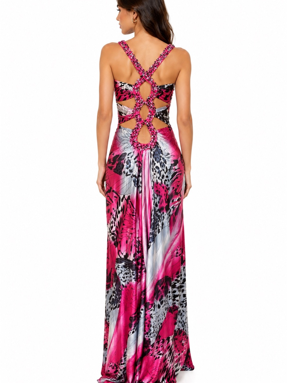 Faviana Pink Printed Backless Evening Gown with Braided Straps